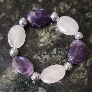Amethyst and Rose Quartz Beaded Stretch Bracelet - Unbranded